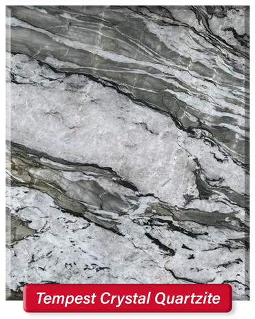 Tempest Crystal Quartzite features a white and green base with some black hints and dramatic veins.