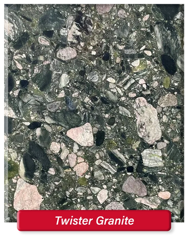 Twister Granite features a green base with different sized, different colored circles throughout.