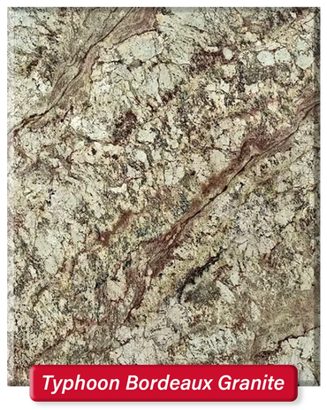 Typhoon Bordeaux Granite features a beige base with dark brown and cream veining and speckles.