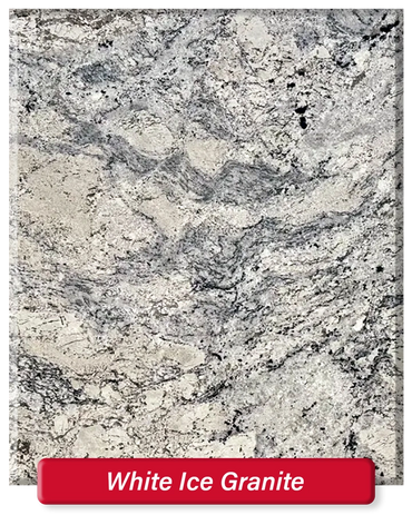 White Ice Granite features a white base with grey and black pattern throughout.