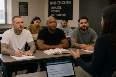 Adults attending a drug education class, listening intently.