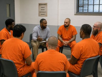 Group therapy session in progress with inmates and a counselor.