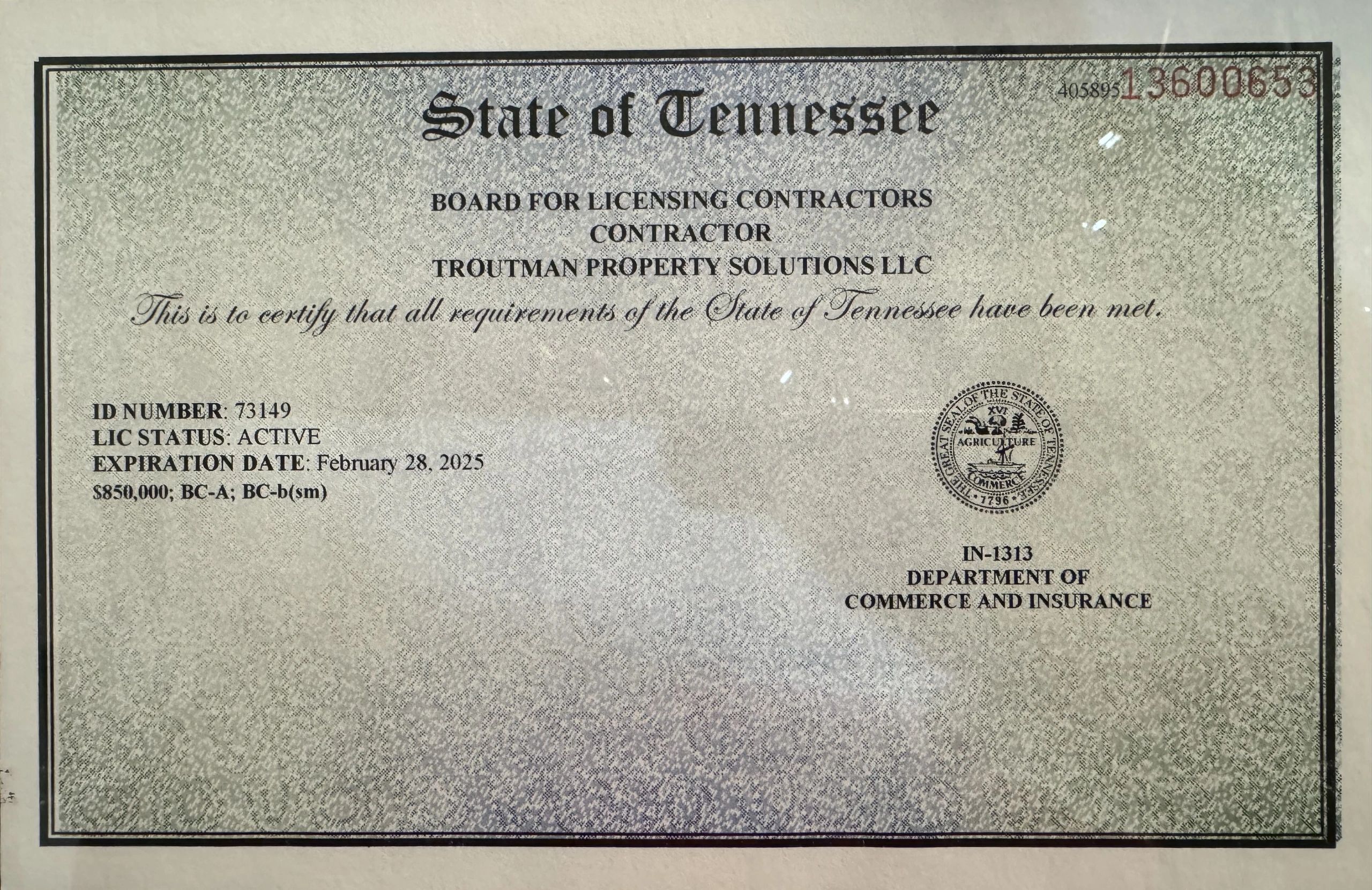 State of Tennessee Contractor's License