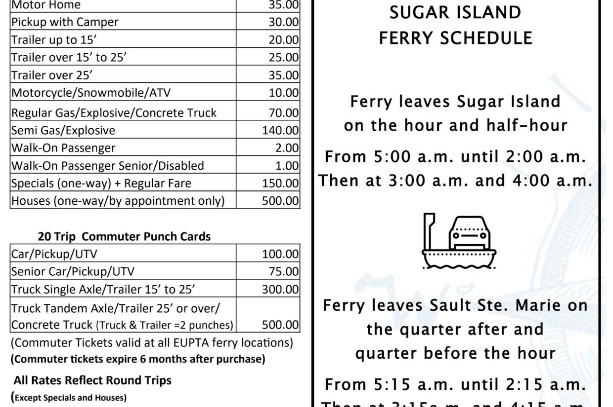Sugar Island ferry schedule and ticket rates for various vehicles and passengers.