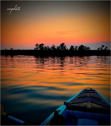 Sunset view from a kayak on calm water with silhouetted trees on the horizon.