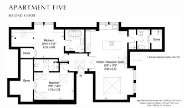 Floor plan of Apartment Five's second floor with two bedrooms and a large kitchen/reception room.