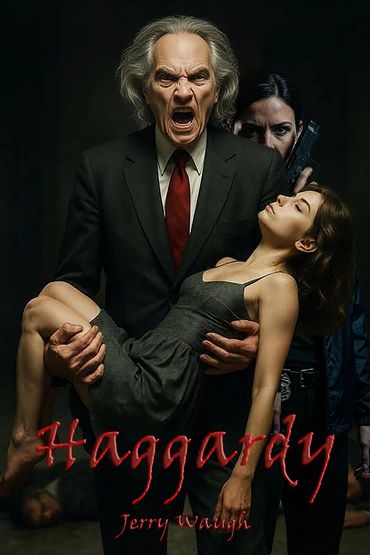 A fierce man holds an unconscious woman, with a woman holding a gun behind them.