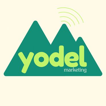 Logo of Yodel Marketing with mountains and signal waves.
