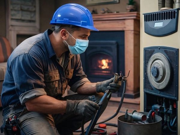 A masked HVAC technician in a blue hard hat servicing a home heating system for Furnace Repair in Li