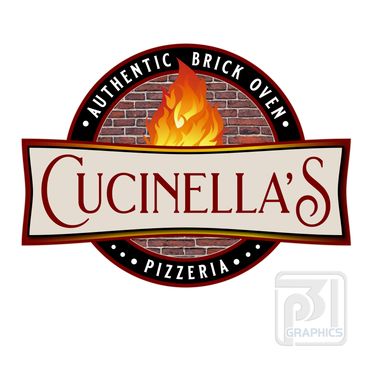 Pizzeria logo, brick oven fire pizza, cucinella