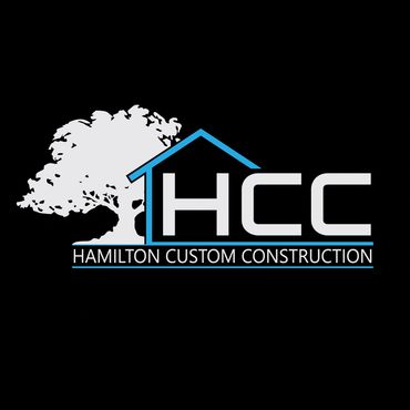 Construction company logo, oak tree, house element, blue, black white, HCC