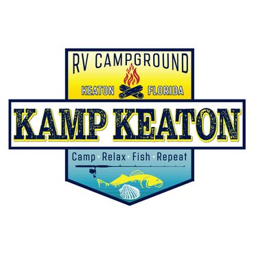 campground, rv, logo, camping, fishing, scalloping, scallop, redfish, reel rod, camp fire