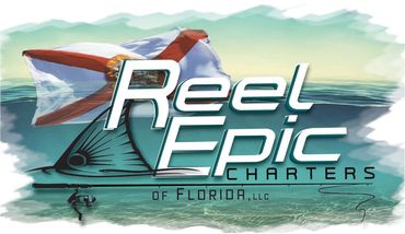 fishing charter logo, reel, fish tail, redfish, reel rod, florida flag, water elements