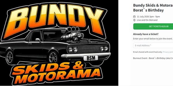 Bundy Skids & Motorama event promotion featuring a muscle car graphic.