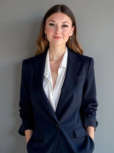 Confident young woman in a navy blazer and white blouse against a gray background.
