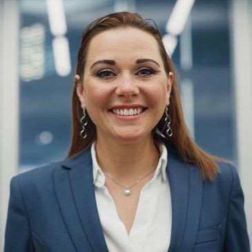 Smiling woman in a blue blazer and white shirt.