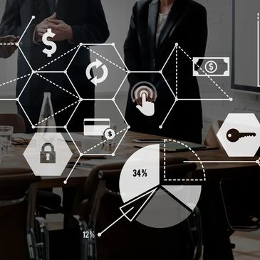 Business professionals analyzing financial and security data with digital charts overlay.