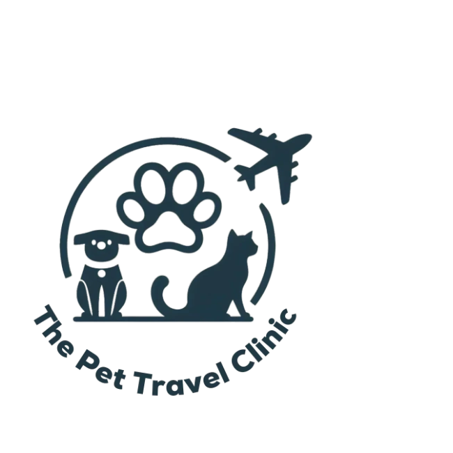 Logo with a dog, cat, paw print, and airplane for The Pet Travel Clinic.