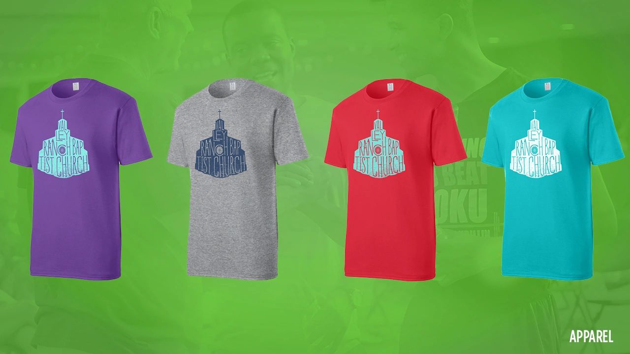 Colorful T-shirts with Valley Ranch Baptist Church logo on each.