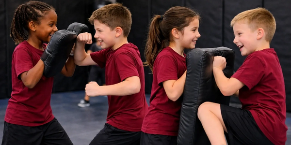 Four children in red shirts practicing boxing with pads indoors, smiling and having fun.