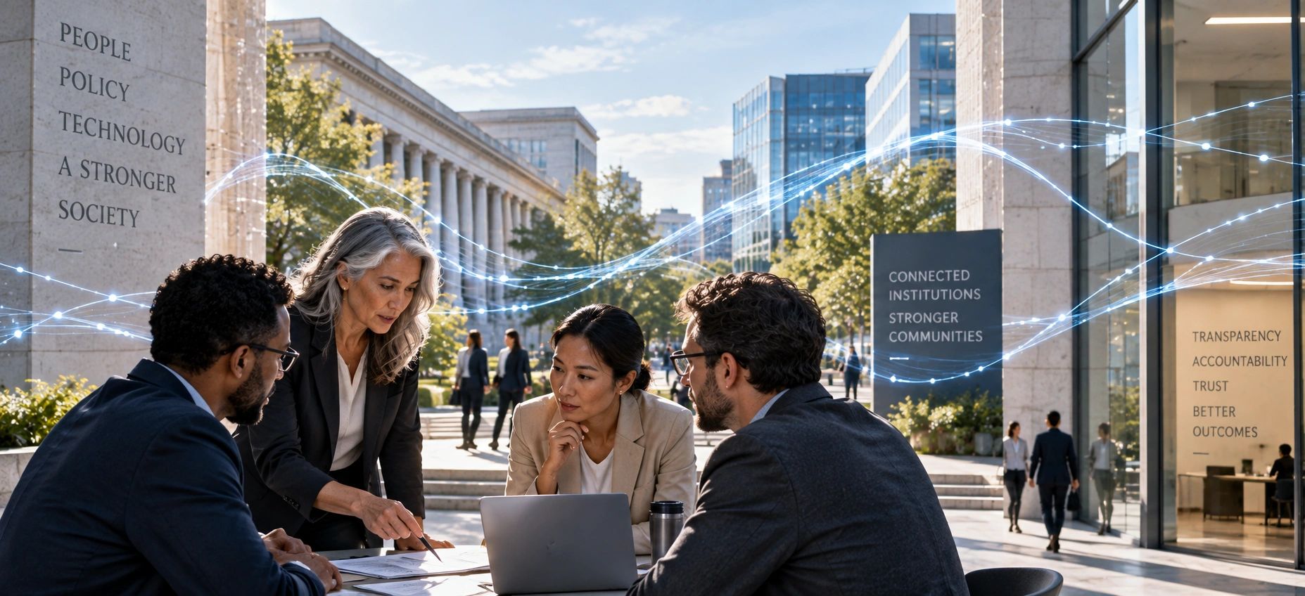 Business team collaborating outdoors with digital connectivity visuals.