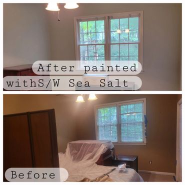 Room transformation showing walls before and after painting with S/W Sea Salt.