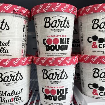 Barts Ice Cream cookie dough tubs in freezer.