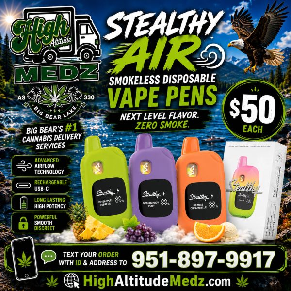 Advertisement for disposable smokeless vape pens from High Altitude Medz.