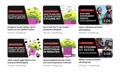 Thumbnails of cycling kit design tutorials for DesignLab on YouTube.