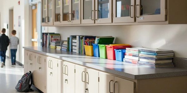 A well-organized school hallway with cabinets, books, and colorful bins.