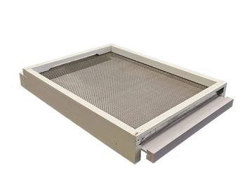 A wooden tray with a mesh bottom and a sliding drawer.