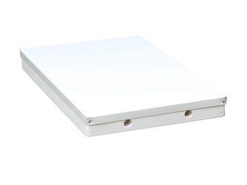 A white rectangular metal drawer with two holes on one side.