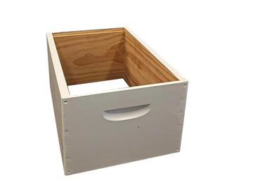 A wooden box with white-painted exterior and natural wood interior.