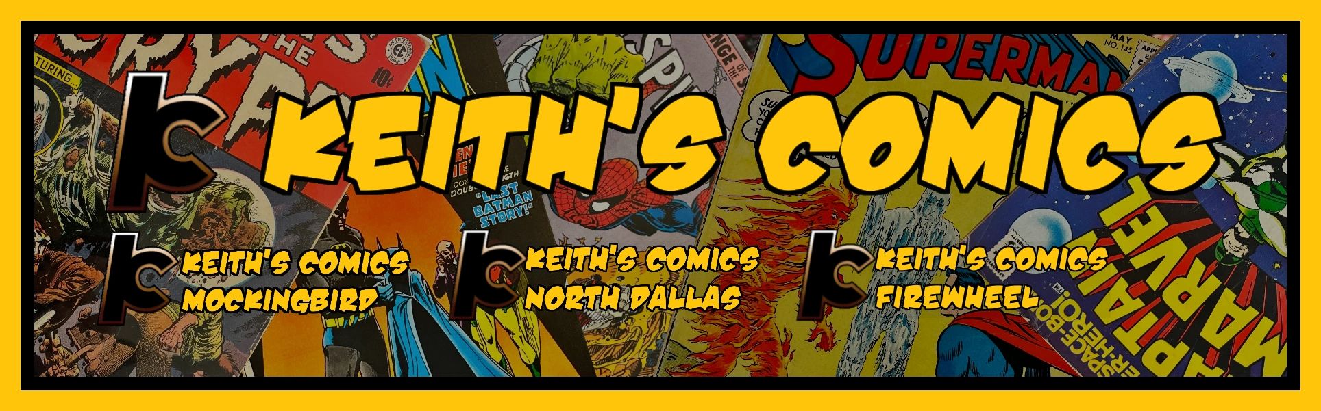 Really cool banner featuring store locations and the title of the business, Keith's Comics!
