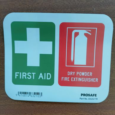 A first aid kit and dry powder fire extinguisher sticker.