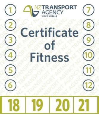 A New Zealand Certificate of Fitness (COF) sticker issued by the New Zealand Transport Agency.