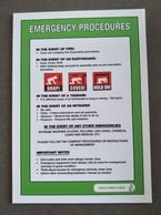 An emergency procedure sign for fire, earthquake, tsunami and intruder emergencies.