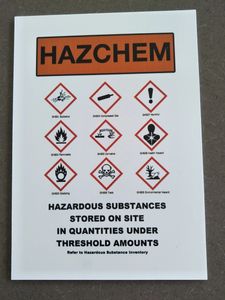 Hazchem sign with hazardous substance classification pictograms.