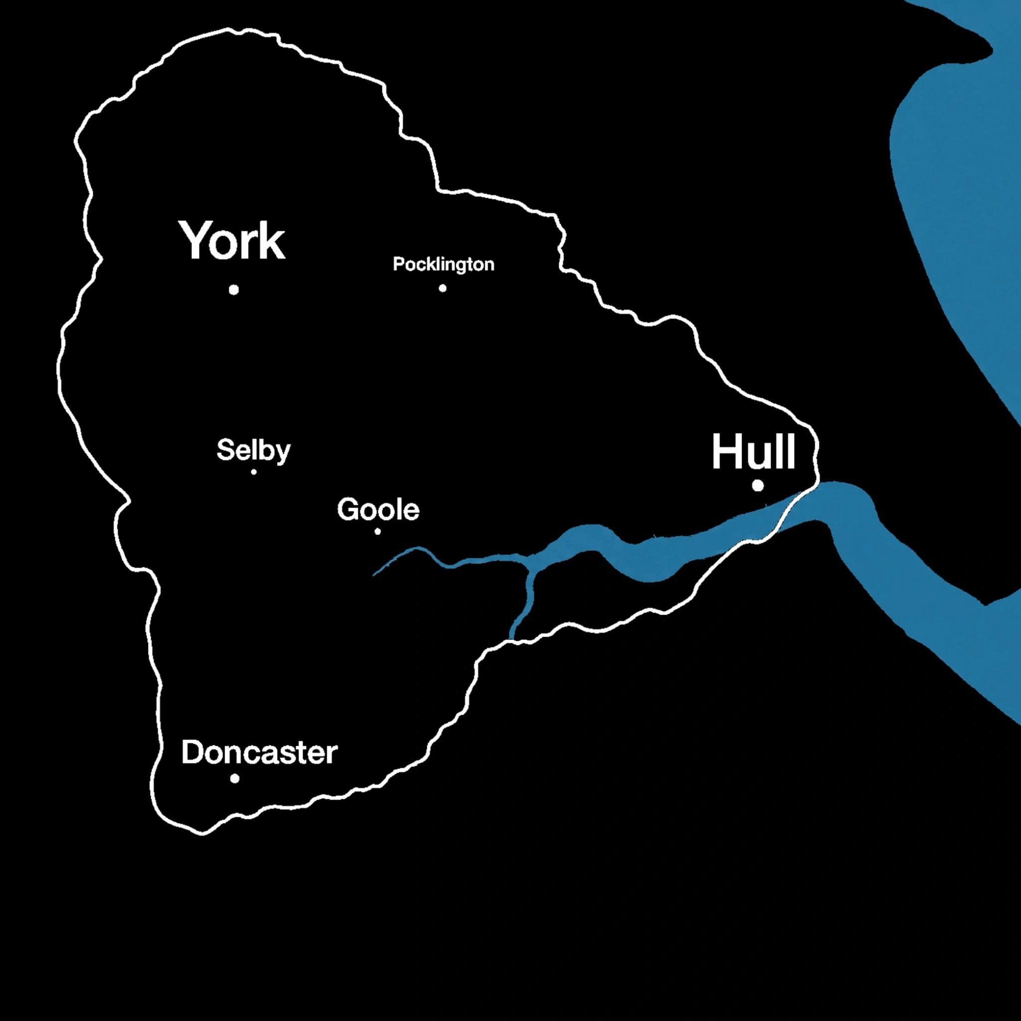 Map highlighting York, Hull, and nearby towns in England.