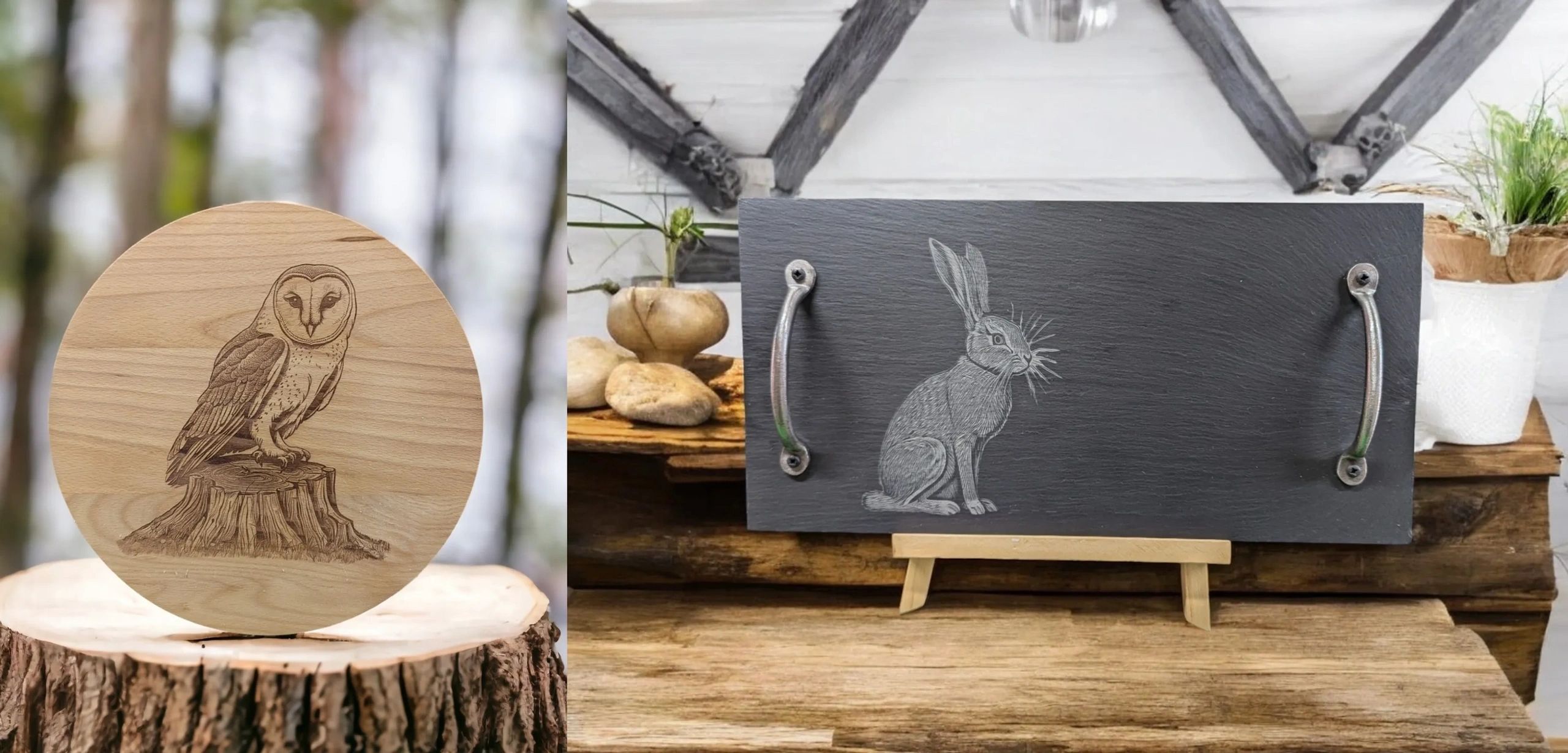 Two laser engraved images- one of an owl onto a Lazy Susan, and a hare on a slate cheeseboard.