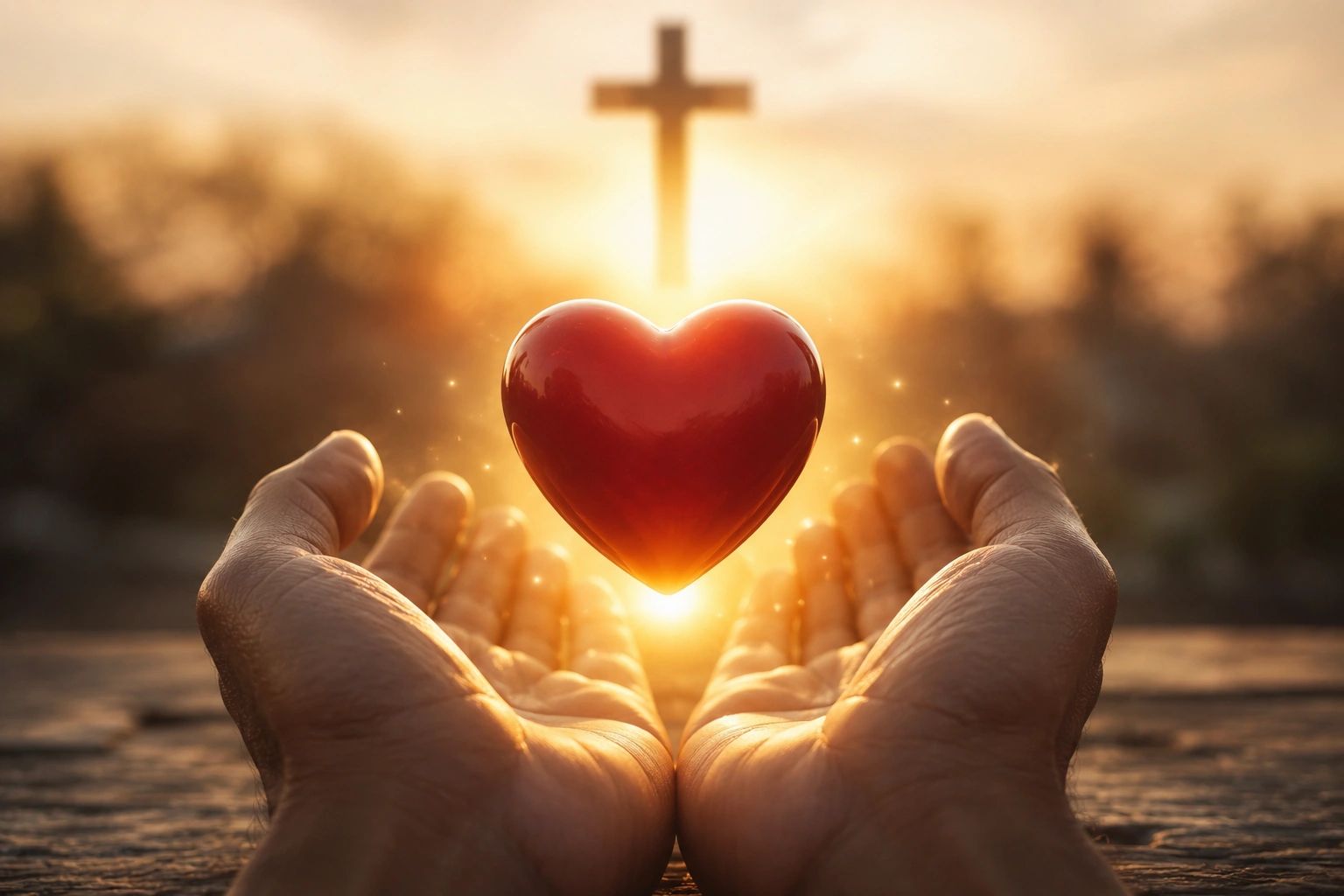 Hands holding a glowing heart with a cross in the background at sunset.