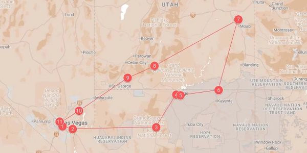 Map showing a route connecting points in Nevada and Utah, including Las Vegas and Grand Canyon.