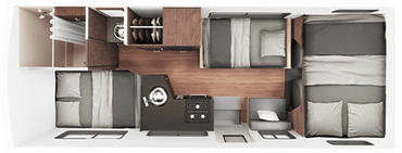 Top-down view of a compact RV interior with beds, kitchen, and storage.