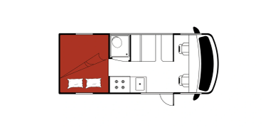 Top-down layout of a camper van interior with bed and kitchen.