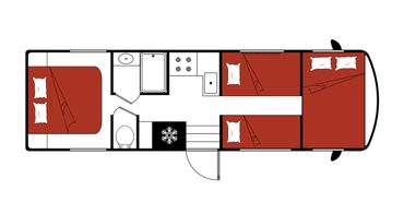 Floor plan of a camper van with beds, kitchen, and bathroom.