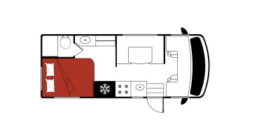 Top view floor plan of a compact camper van interior.