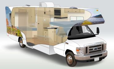 Cutaway illustration of a motorhome showing interior layout and furniture.