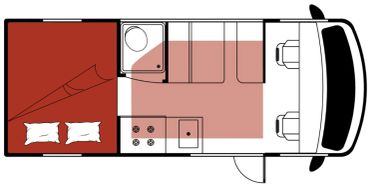 Floor plan of a camper van layout.