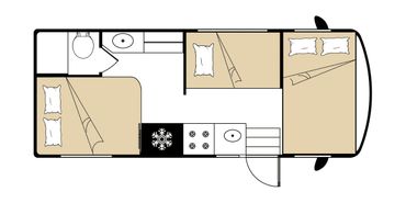 Floor plan of a compact camper with three beds and a small bathroom.