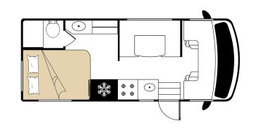 Floor plan of a compact camper van layout with bed, kitchen, and bathroom.